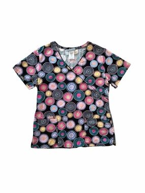 Y2K VINTAGE multicolored circle print scrub top with tie waist
